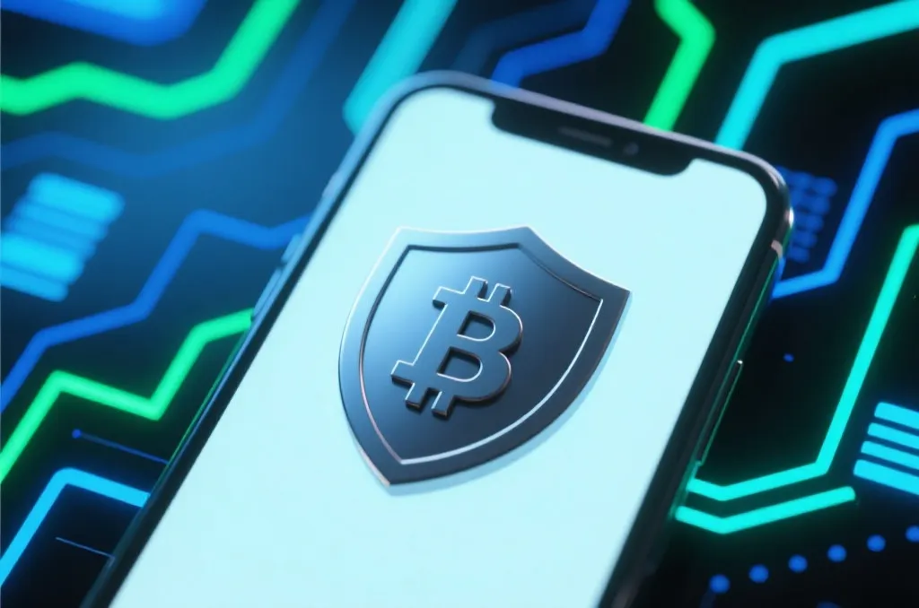 3D generic cryptocurrency shield icon on a smartphone screen, abstract tech background with blue and green glowing lines, modern financial security concept, editorial photography