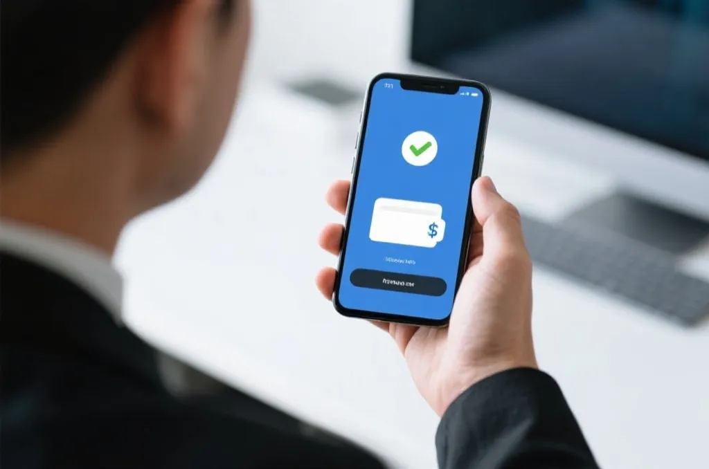 A close-up of a person holding a smartphone showing an anonymous digital wallet interface with a successful transaction checkmark, generic modern tech workspace background, clean and professional